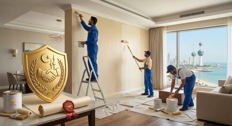 صباغ محترف يقوم بأعمال طلاء وتجديد جدران المنازل بدقة وإتقان باستخدام أفضل أنواع الأصباغ والأدوات الحديثة ضمن خدمات صباغ منازل النعيم بالكويت لضمان تشطيبات راقية وراحة العملاء.