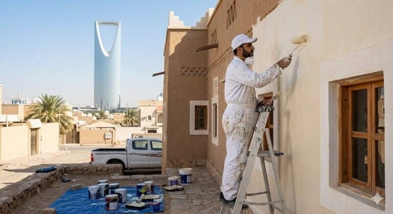 فني محترف يقوم بأعمال طلاء الجدران والأسقف بدقة وأمان باستخدام أحدث المعدات وأجود أنواع الدهانات ضمن خدمات صباغ باليومية فى الكويت لضمان مظهر جمالي وعصري وراحة العملاء.