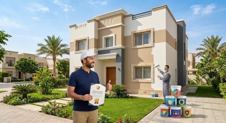فني محترف يقوم بأعمال الأصباغ والدهانات والتشطيبات بدقة وإتقان باستخدام أحدث الأدوات وأجود أنواع الطلاء ضمن خدمات صباغ الرقعي بالكويت لضمان مظهر جمالي وعصري وراحة العملاء.