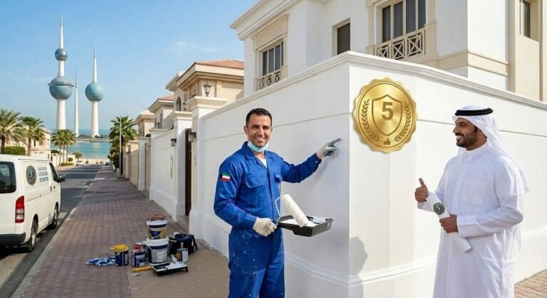 فني صباغة محترف يقوم بأعمال طلاء الجدران والديكورات بدقة وإتقان باستخدام أحدث الأدوات والمواد عالية الجودة ضمن خدمات صباغ أنجفة بالكويت لضمان مظهر جمالي رائع وراحة العملاء.