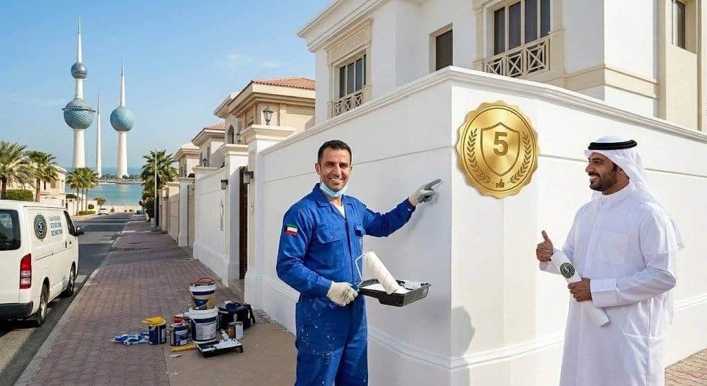 فني صباغة محترف يقوم بأعمال طلاء الجدران والديكورات بدقة وإتقان باستخدام أحدث الأدوات والمواد عالية الجودة ضمن خدمات صباغ أنجفة بالكويت لضمان مظهر جمالي رائع وراحة العملاء.