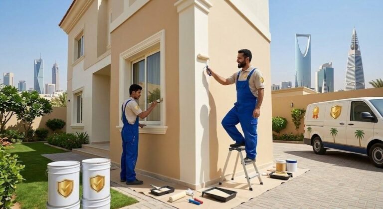 فني محترف يقوم بأعمال طلاء الجدران والديكورات الداخلية بدقة وإتقان باستخدام أحدث الأدوات والمواد عالية الجودة ضمن خدمات صباغ ممتاز الوفرة بالكويت لضمان مظهر جمالي وعصري وراحة العملاء.
